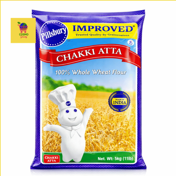 Pillsbury Chakki Atta 100% Whole Wheat Flour 5kg pack – authentic Indian chakki-ground atta available at cosmogrocery